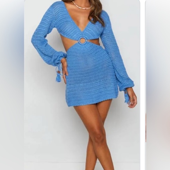 Beginning Boutique Bryleigh Blue Knit Cut Out Tasseled Mini Crochet Dress Size 6 - Picture 1 of 7